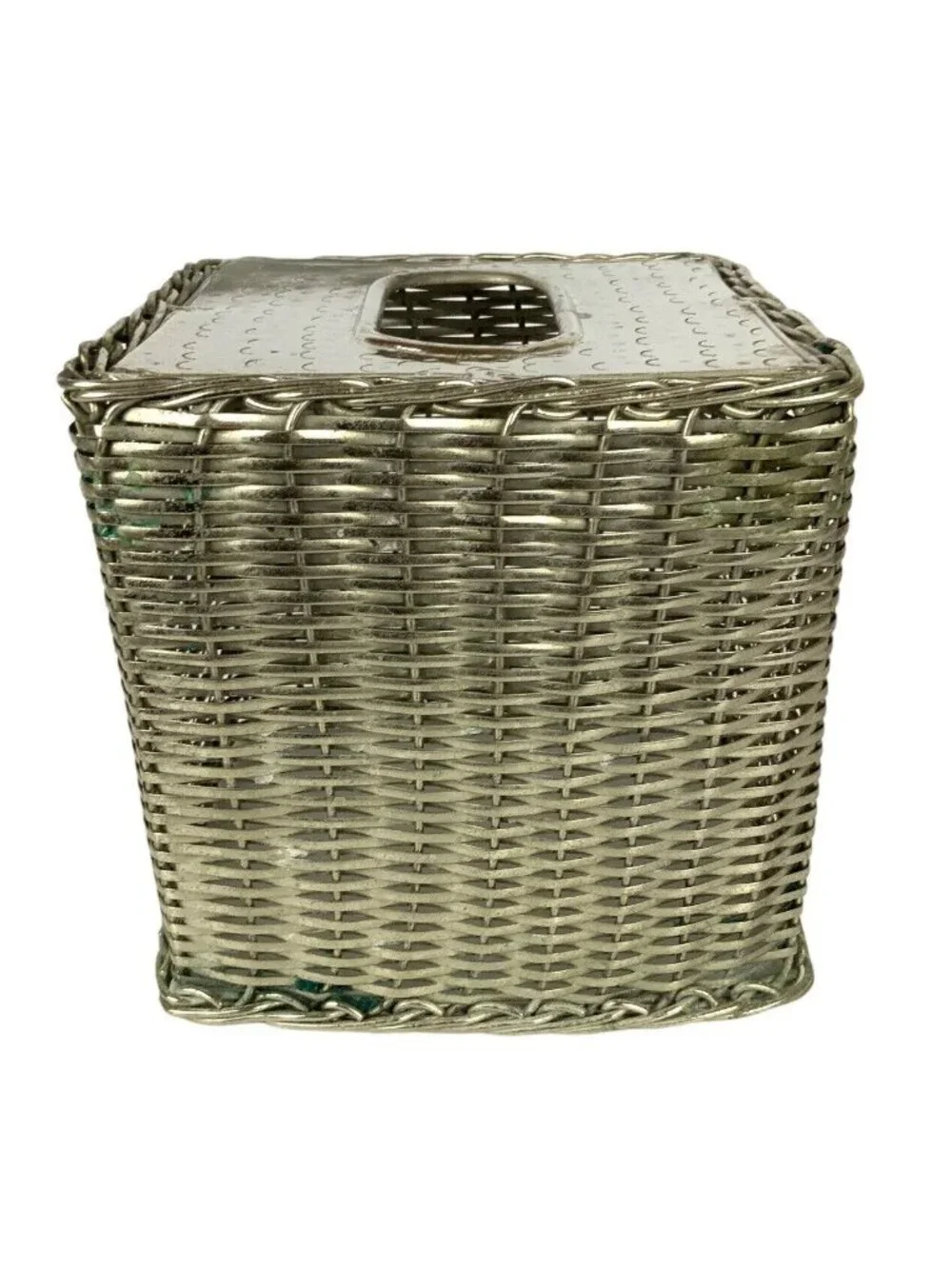 Square Silver Metal Basketweave Tissue Box Holder With Hammered Chrome Finish